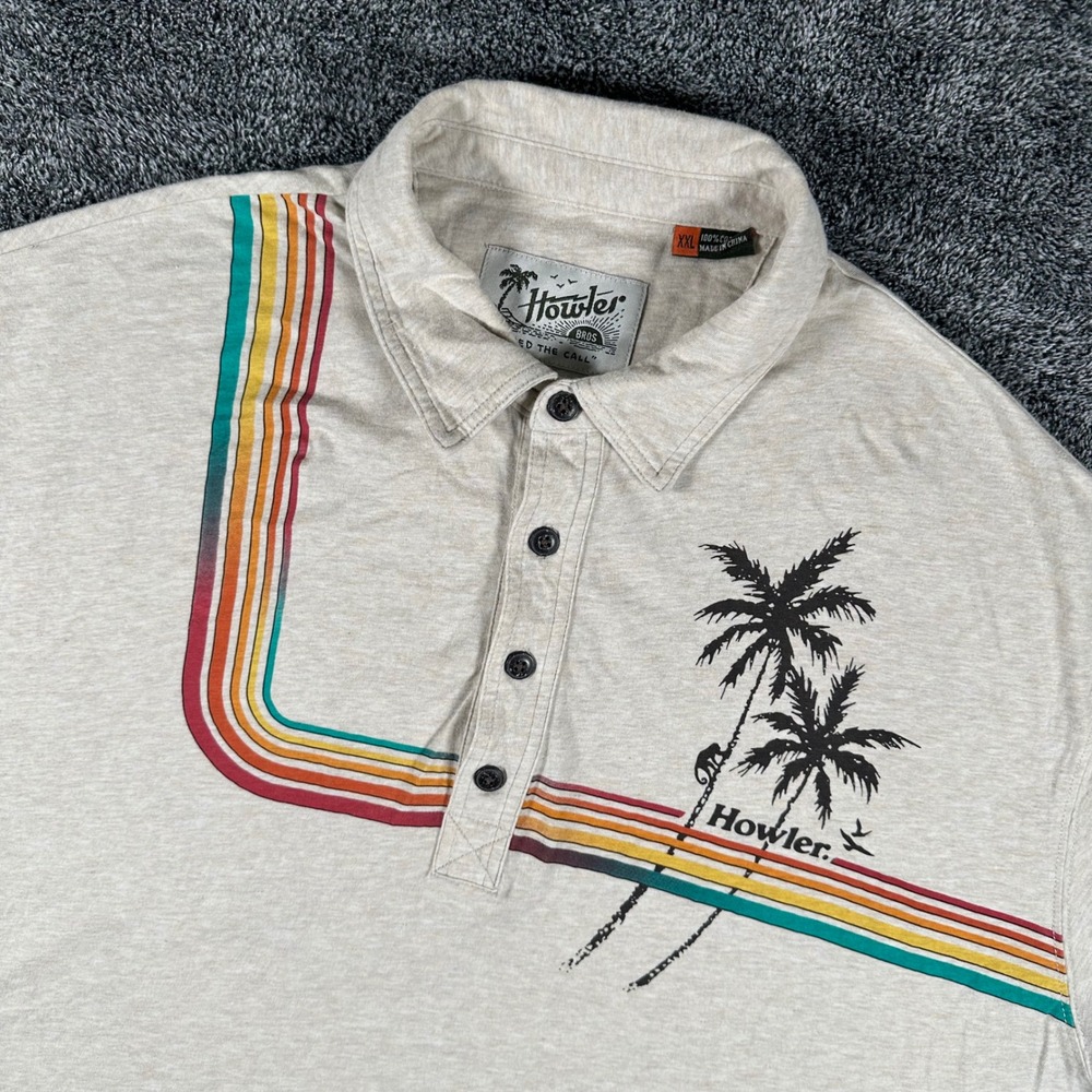 Howler Brothers Polo Shirt Men XXL Oatmeal Retro Stripe Palm Tree Graphic Cotton